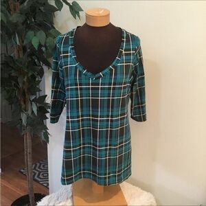 Piphany elbow sleeve top Womans large plaid v neck soft blue green black…